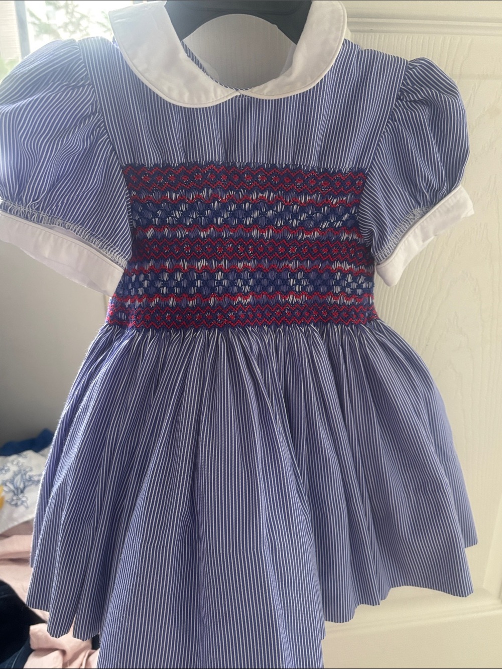 Classic Blue Striped Smocked Girls' Dress with White Collar